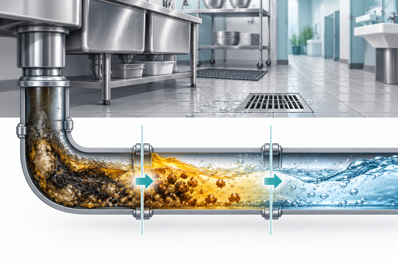 ADO alkaline drain opener dissolving grease and organic buildup in a commercial drain